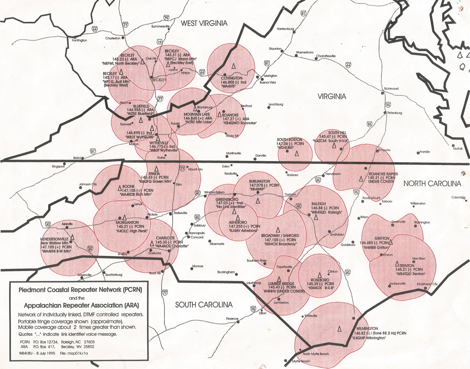 Map of the Piedmont Coastal Repeater Network and Appalachian Repeater Association coverage across West Virginia, Virginia and North Carolina