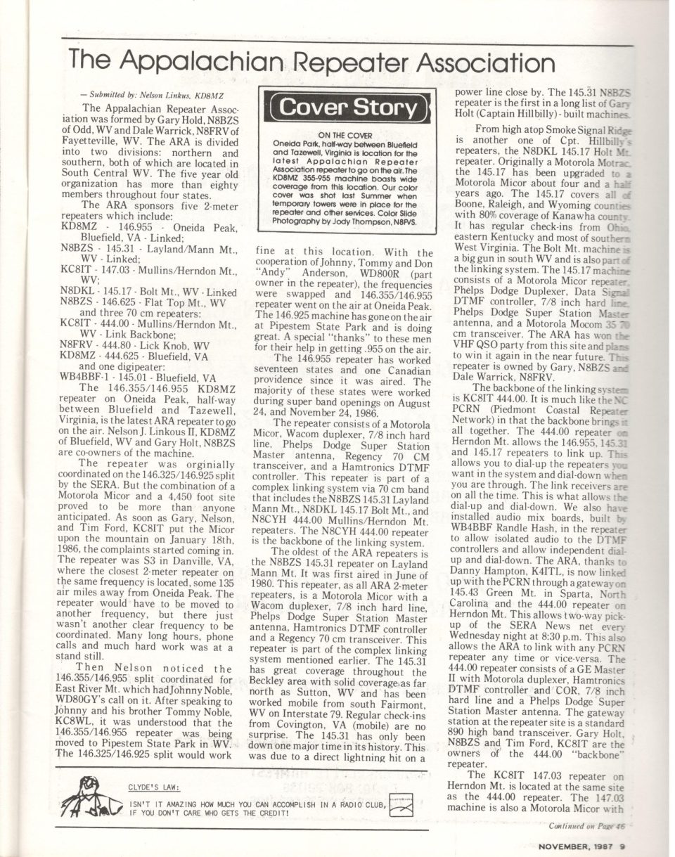 Article page one describing the formation of the Appalachian Repeater Association and its linked repeater network