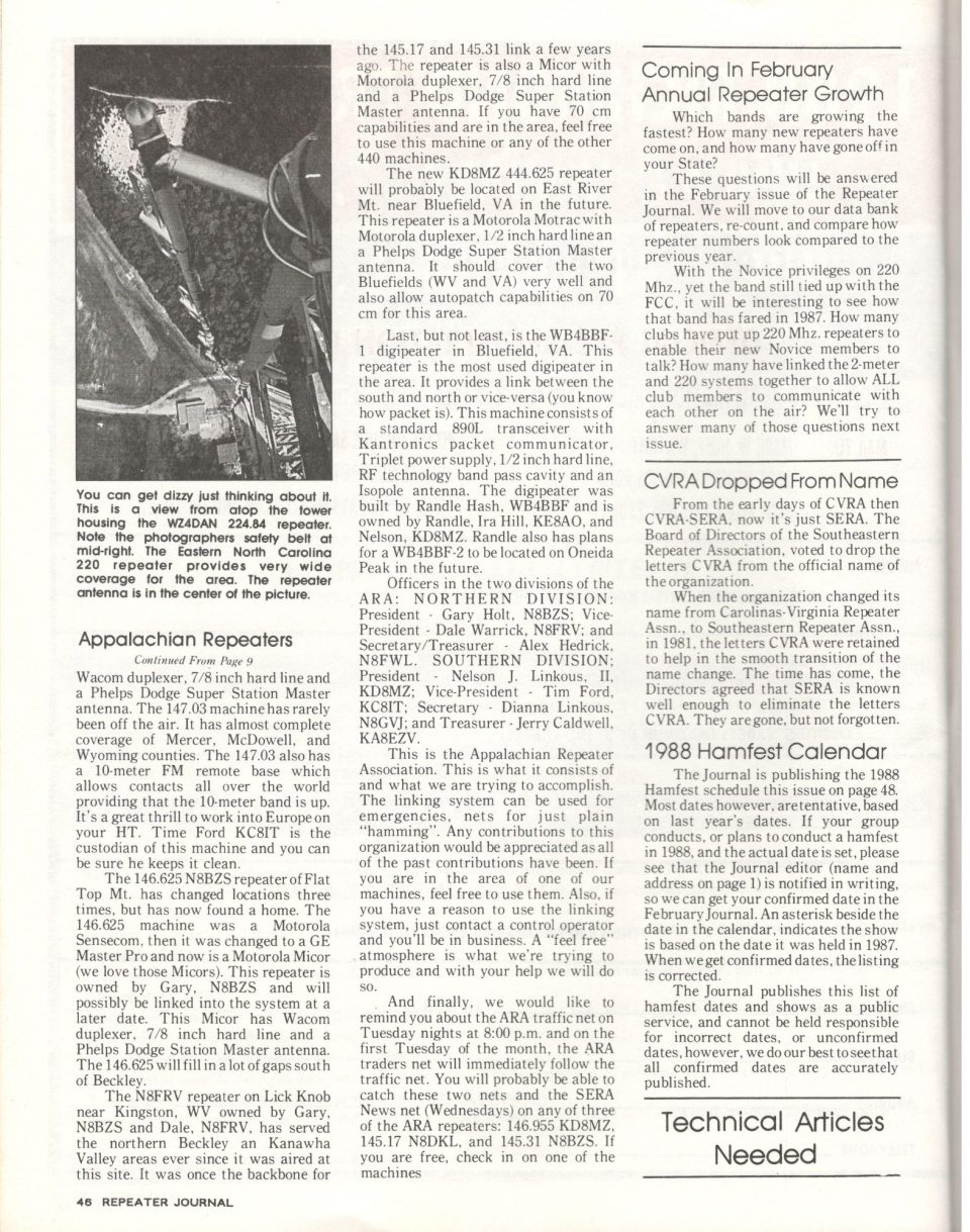 Article page two continuing the story of the ARA and the technical aspects of the 146.955 MHz repeater